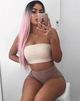 Black Pink Straight Ombre Synthetic Lace Front Wigs-Everyday Wigs